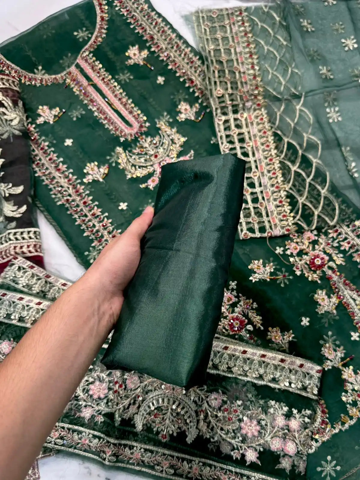 4PC BOTTLE GREEN FANCY HEAVY EMBROIDERY WORK