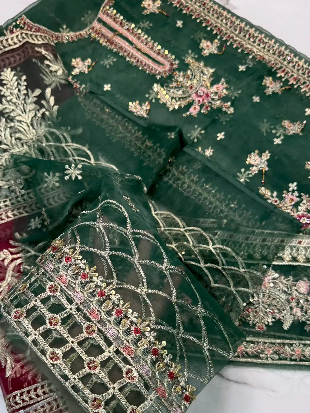 4PC BOTTLE GREEN FANCY HEAVY EMBROIDERY WORK