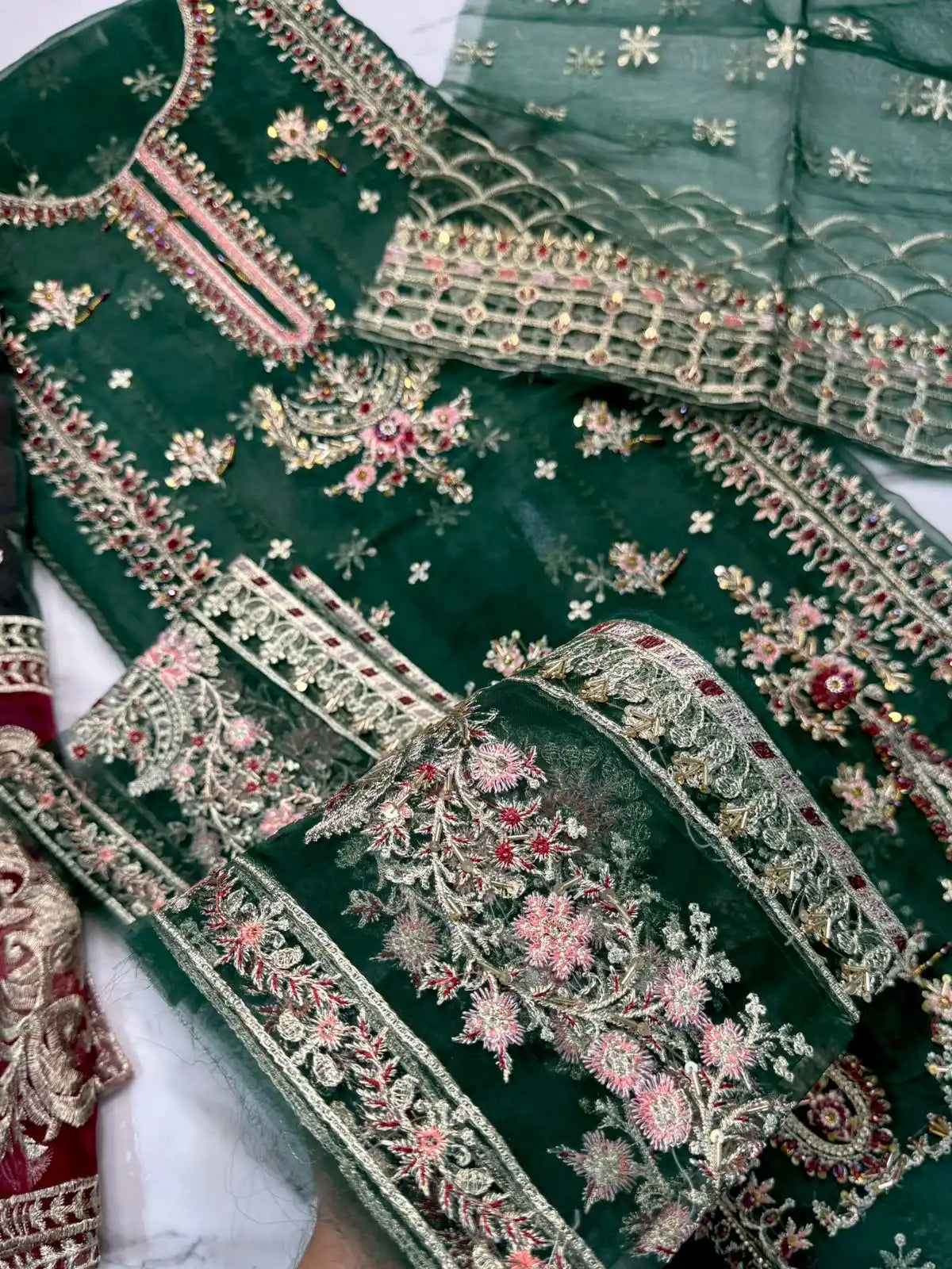 4PC BOTTLE GREEN FANCY HEAVY EMBROIDERY WORK