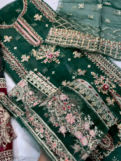 4PC BOTTLE GREEN FANCY HEAVY EMBROIDERY WORK