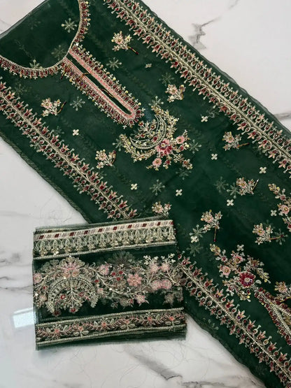 4PC BOTTLE GREEN FANCY HEAVY EMBROIDERY WORK