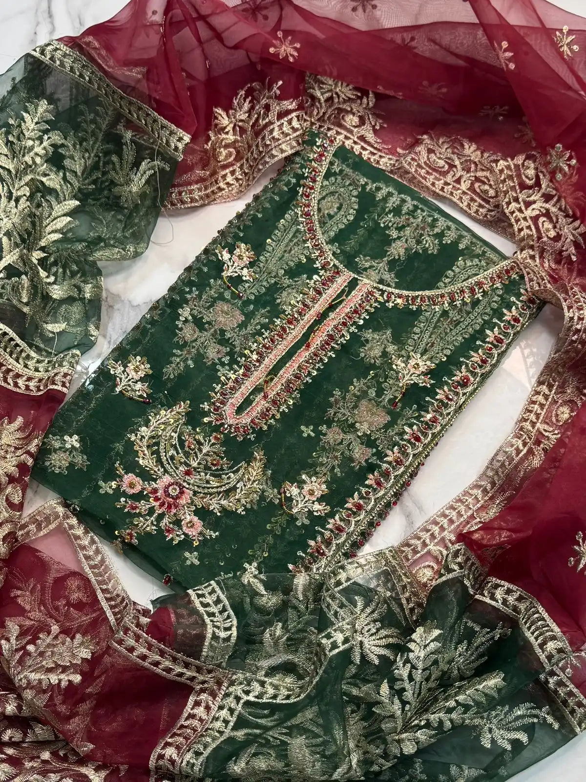 4PC BOTTLE GREEN FANCY HEAVY EMBROIDERY WORK