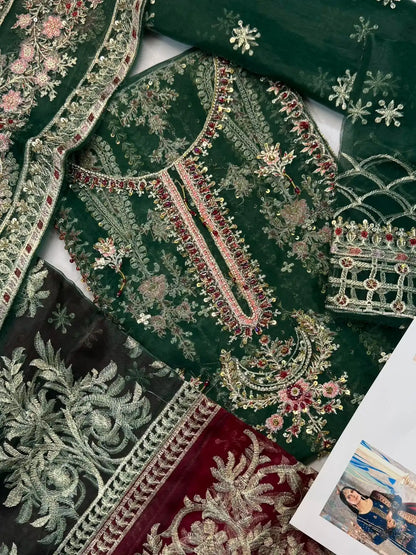 4PC BOTTLE GREEN FANCY HEAVY EMBROIDERY WORK