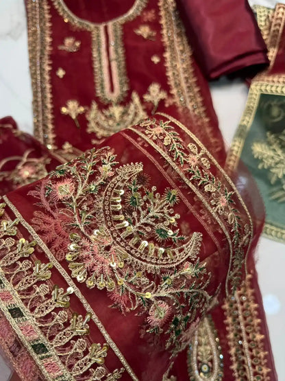 4PC MEHROON FANCY HEAVY EMBROIDERY WORK