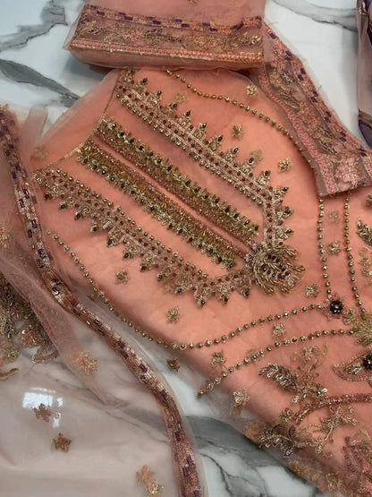 4PC PEACH BRANDED FANCY SUIT FULLY EMBROIDERED WORK