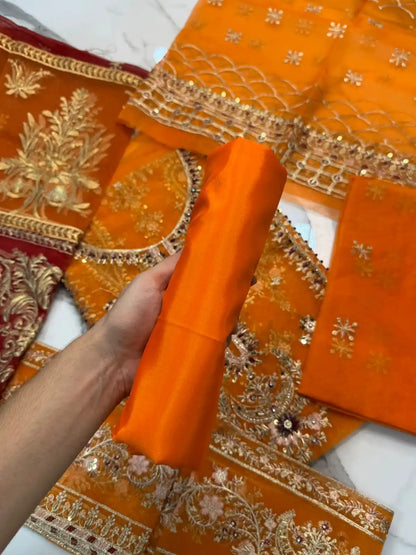 4PC ORANGE FANCY HEAVY EMBROIDERY WORK