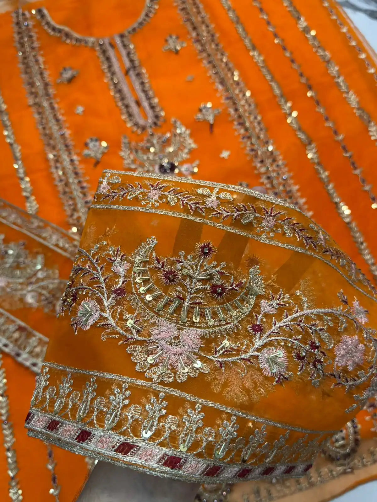 4PC ORANGE FANCY HEAVY EMBROIDERY WORK