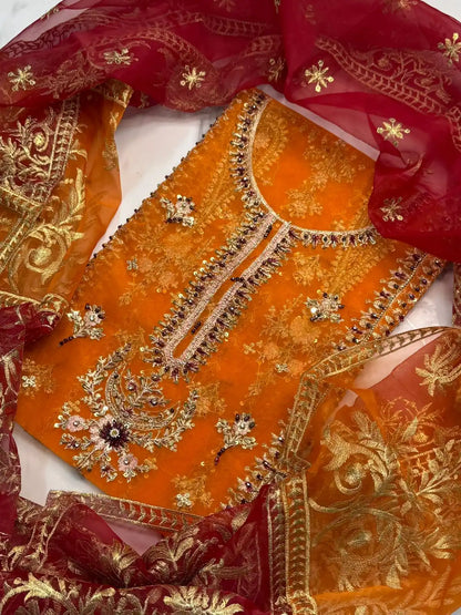 4PC ORANGE FANCY HEAVY EMBROIDERY WORK