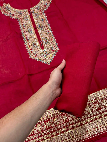 4PC RAW SILK FANCY SUIT FULLY EMBROIDERED WORK