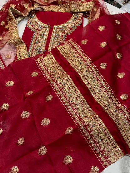 4PC RAW SILK FANCY SUIT FULLY EMBROIDERED WORK
