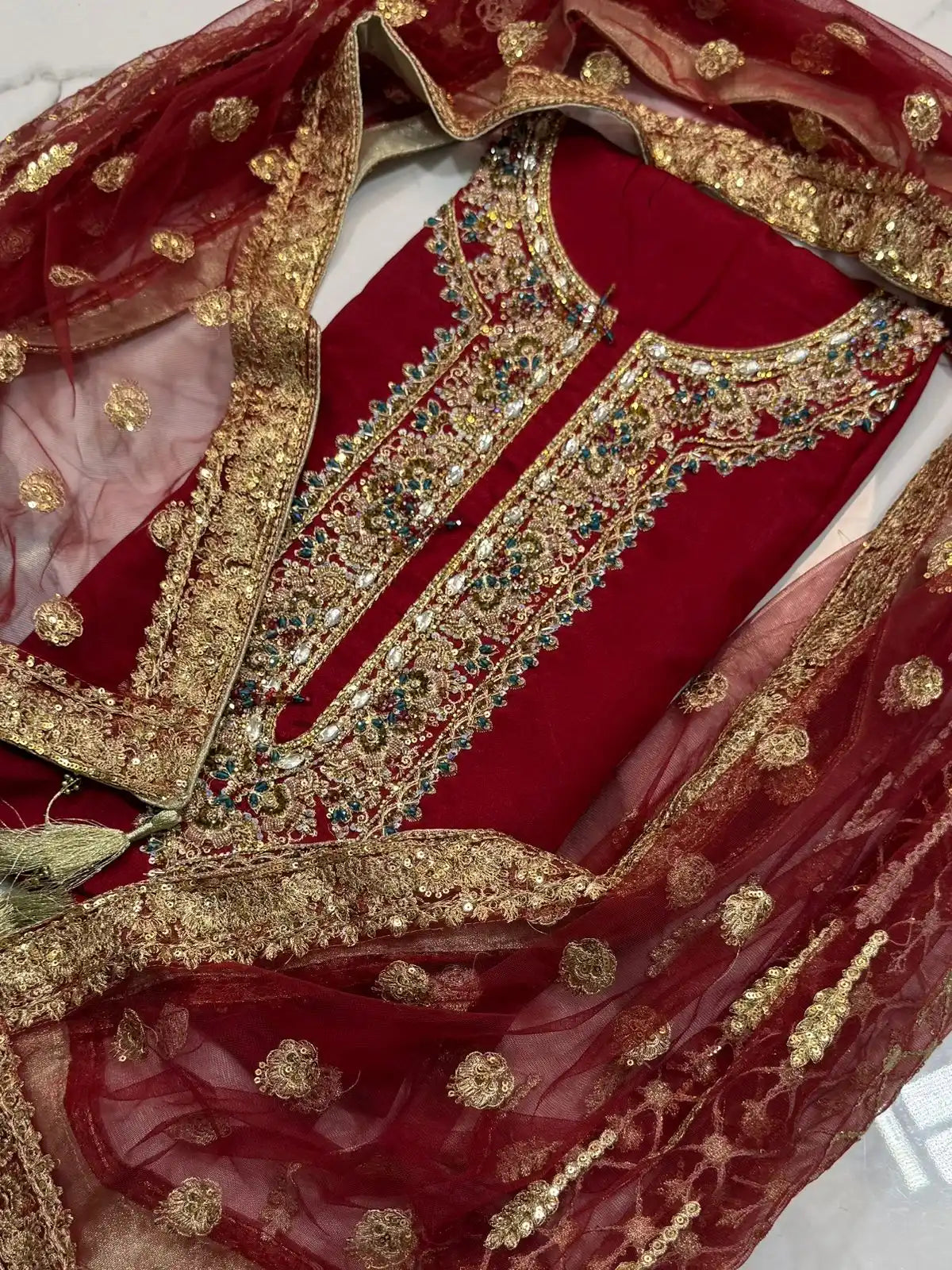 4PC RAW SILK FANCY SUIT FULLY EMBROIDERED WORK