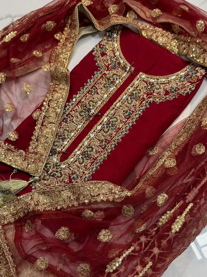 4PC RAW SILK FANCY SUIT FULLY EMBROIDERED WORK