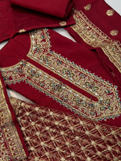 4PC RAW SILK FANCY SUIT FULLY EMBROIDERED WORK