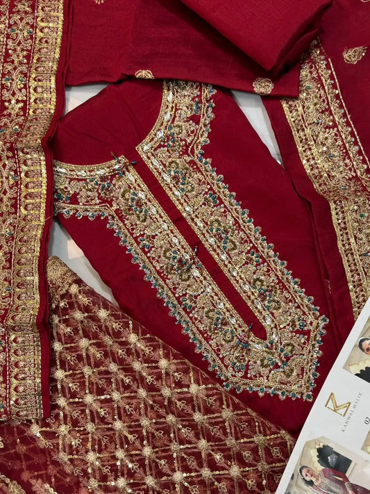 4PC RAW SILK FANCY SUIT FULLY EMBROIDERED WORK
