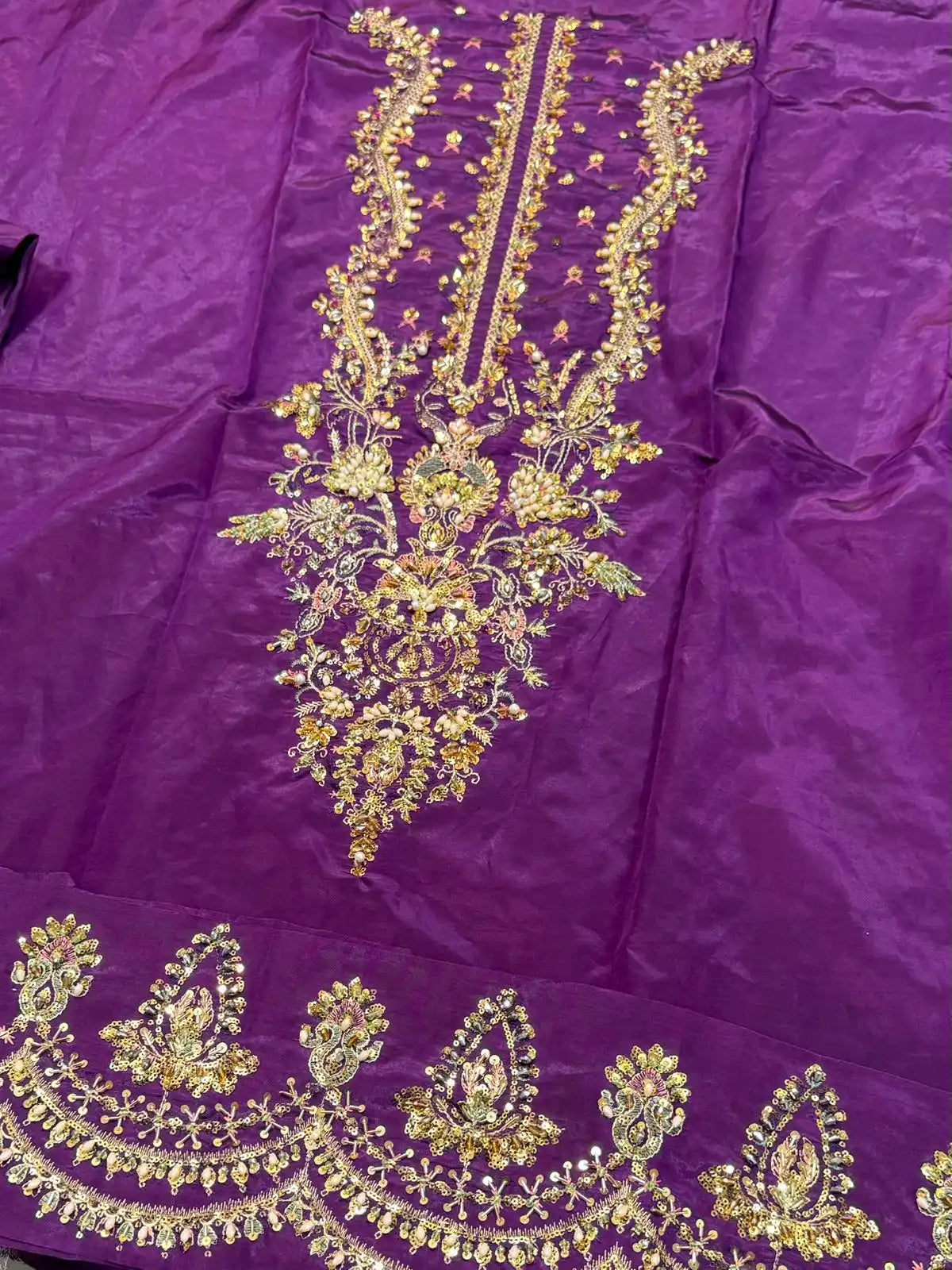 4PC RAW SILK FANCY SUIT FULLY EMBROIDERED WORK