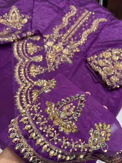 4PC RAW SILK FANCY SUIT FULLY EMBROIDERED WORK