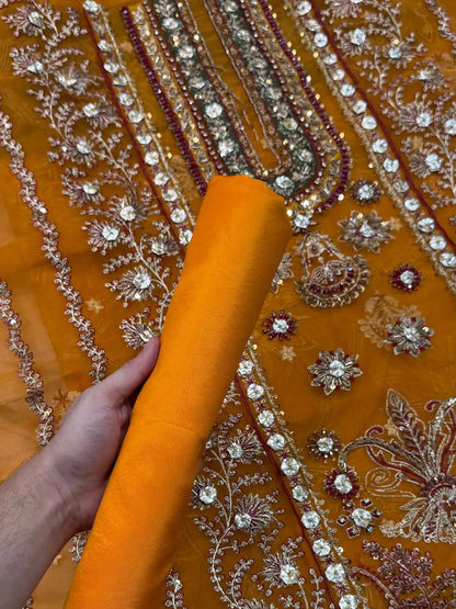 4PC MUSTARD BRANDED FANCY SUIT FULLY EMBROIDERED WORK