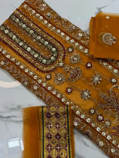 4PC MUSTARD BRANDED FANCY SUIT FULLY EMBROIDERED WORK