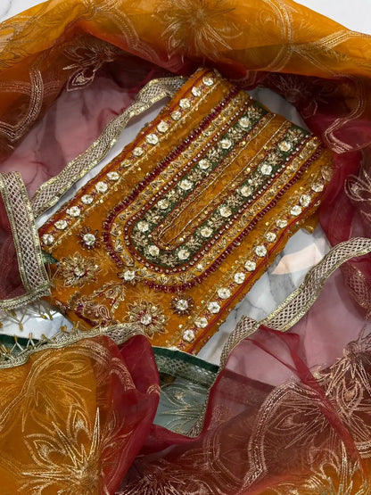 4PC MUSTARD BRANDED FANCY SUIT FULLY EMBROIDERED WORK