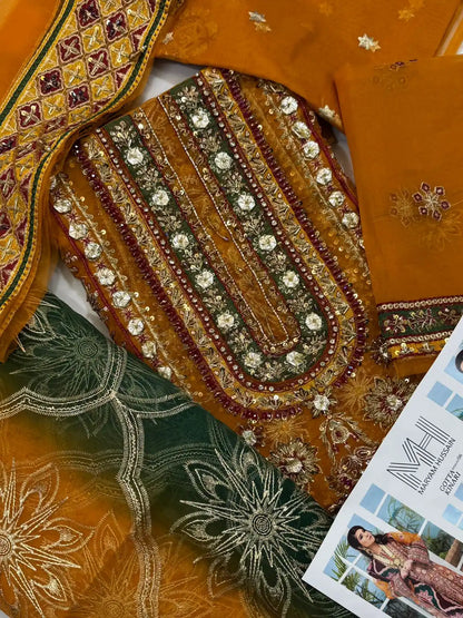 4PC MUSTARD BRANDED FANCY SUIT FULLY EMBROIDERED WORK