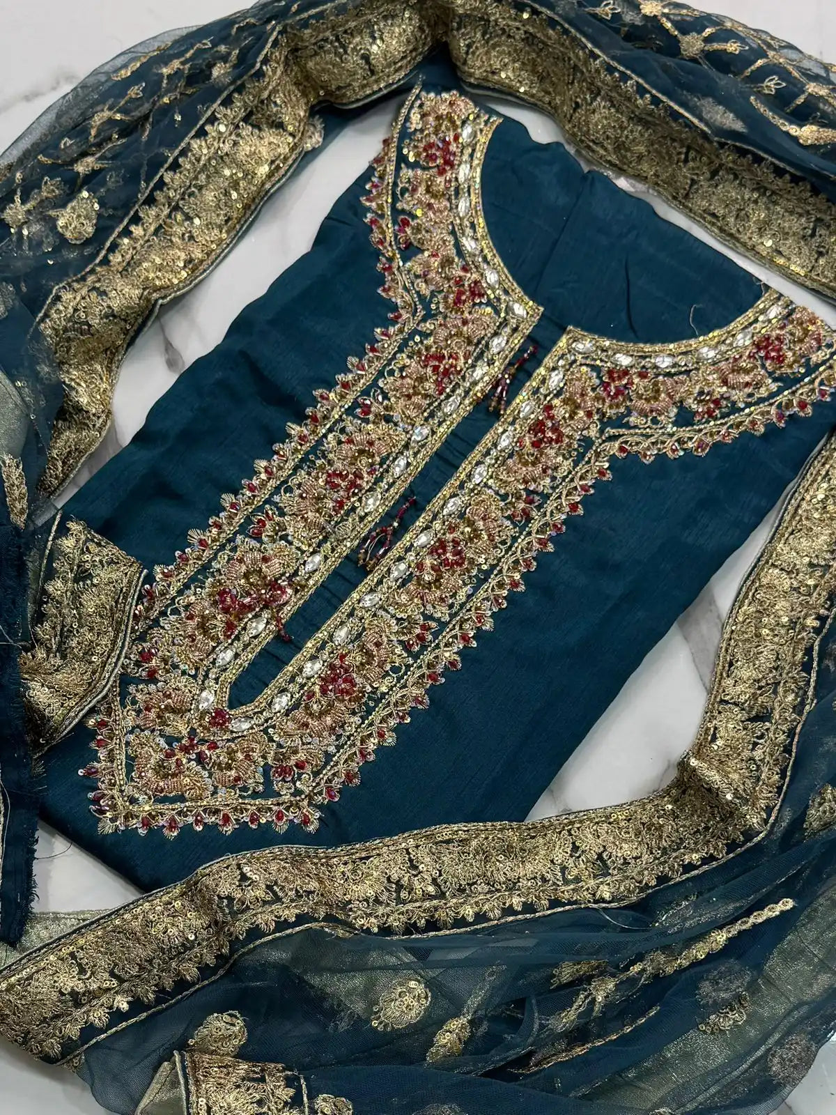 4PC RAW SILK FANCY SUIT FULLY EMBROIDERED WORK