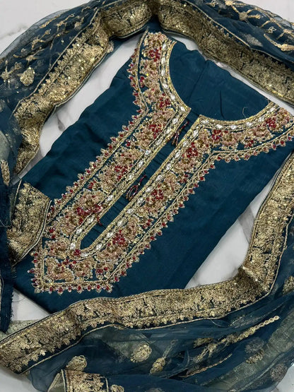 4PC RAW SILK FANCY SUIT FULLY EMBROIDERED WORK