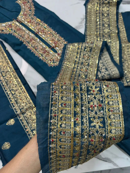 4PC RAW SILK FANCY SUIT FULLY EMBROIDERED WORK