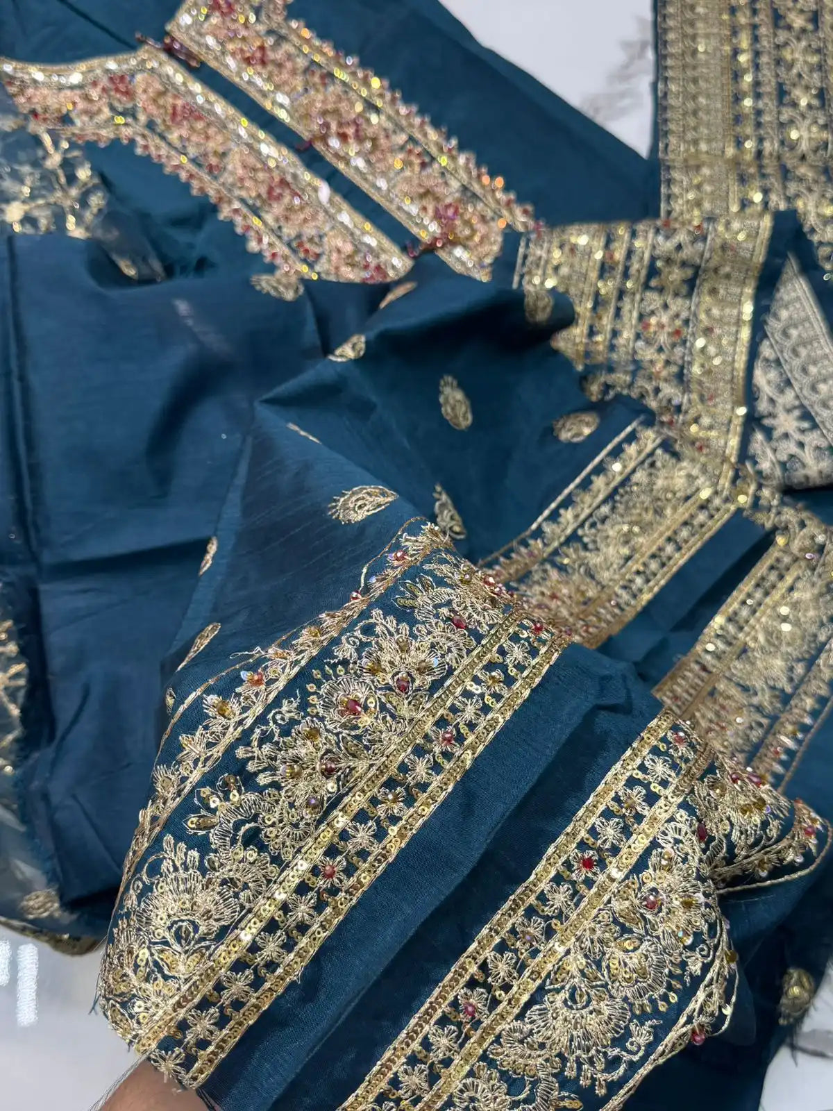 4PC RAW SILK FANCY SUIT FULLY EMBROIDERED WORK