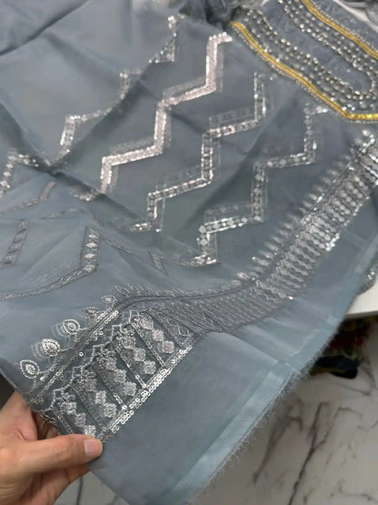 4PC GREY FANCY HEAVY EMBROIDERY WORK