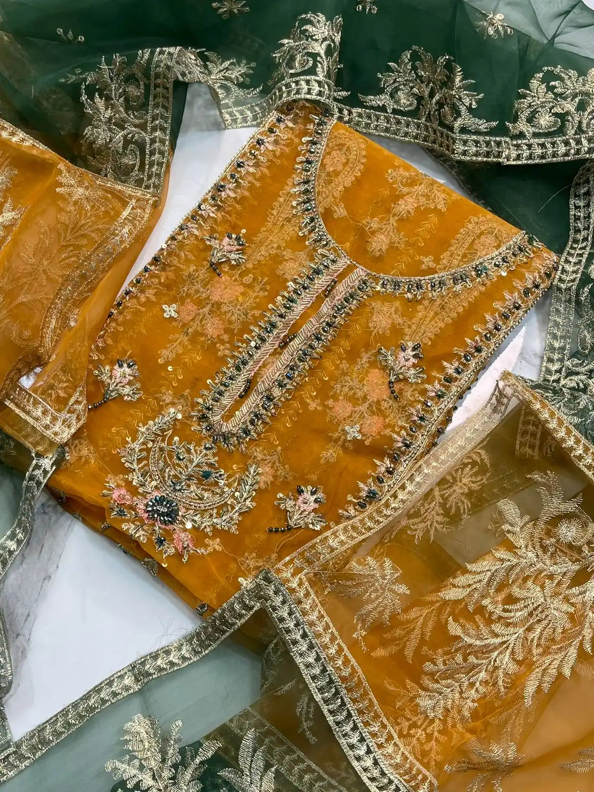 4PC MUSTARD FANCY HEAVY EMBROIDERY WORK