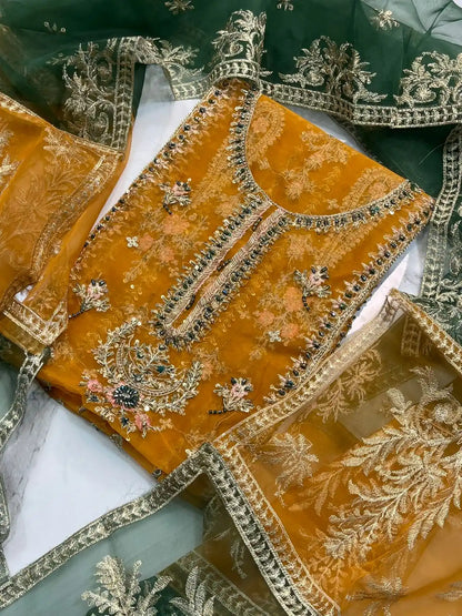 4PC MUSTARD FANCY HEAVY EMBROIDERY WORK