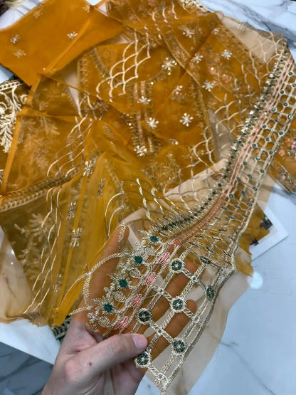 4PC MUSTARD FANCY HEAVY EMBROIDERY WORK