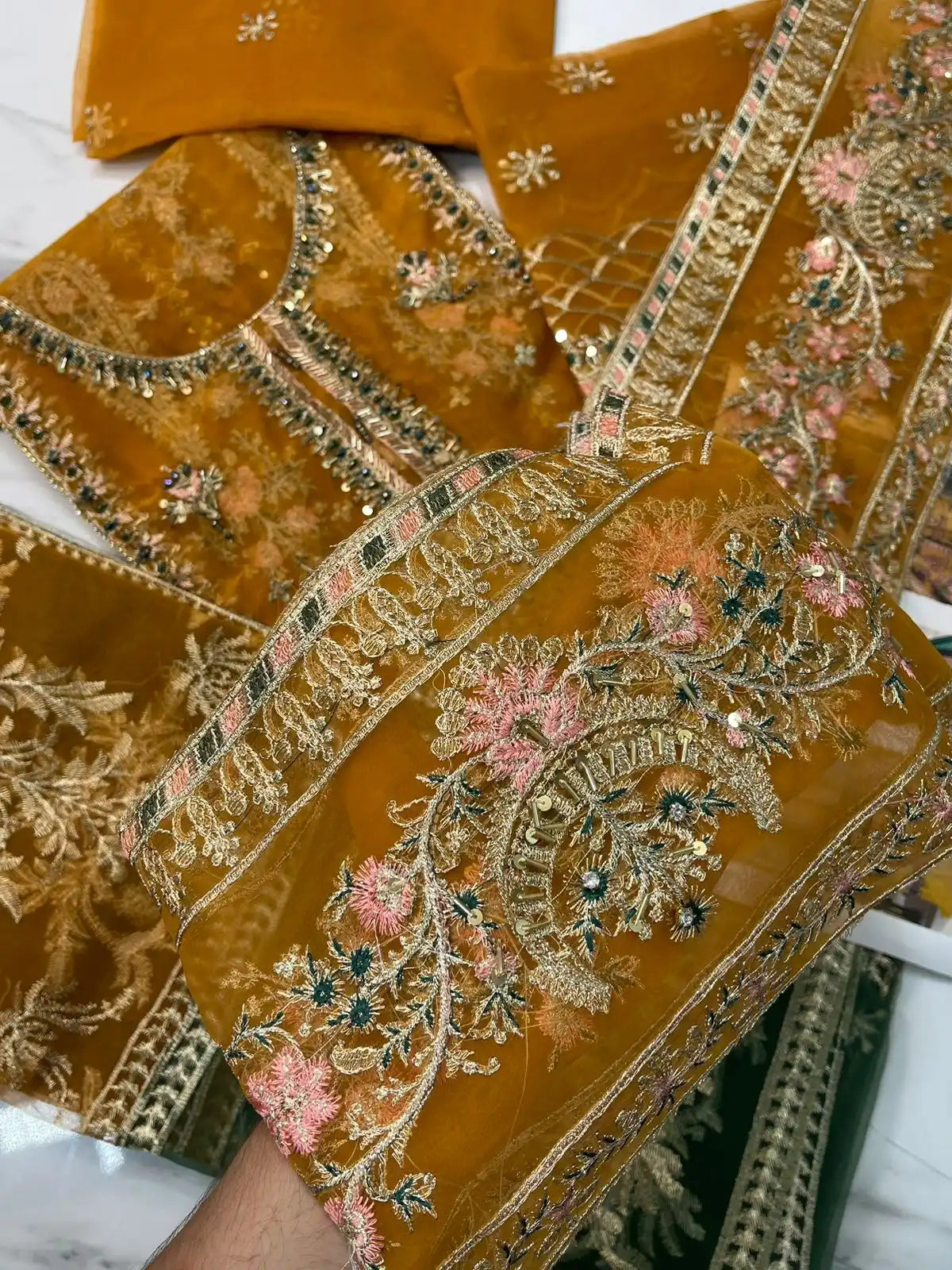 4PC MUSTARD FANCY HEAVY EMBROIDERY WORK