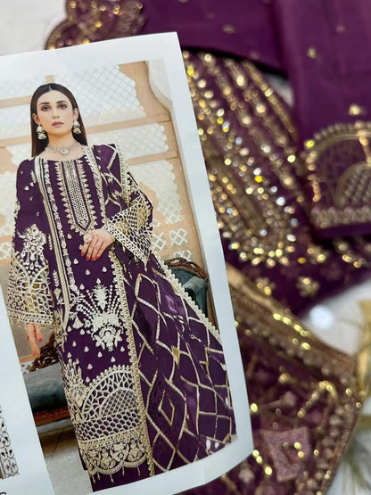 4PC PURPLE FANCY HEAVY EMBROIDERY WORK