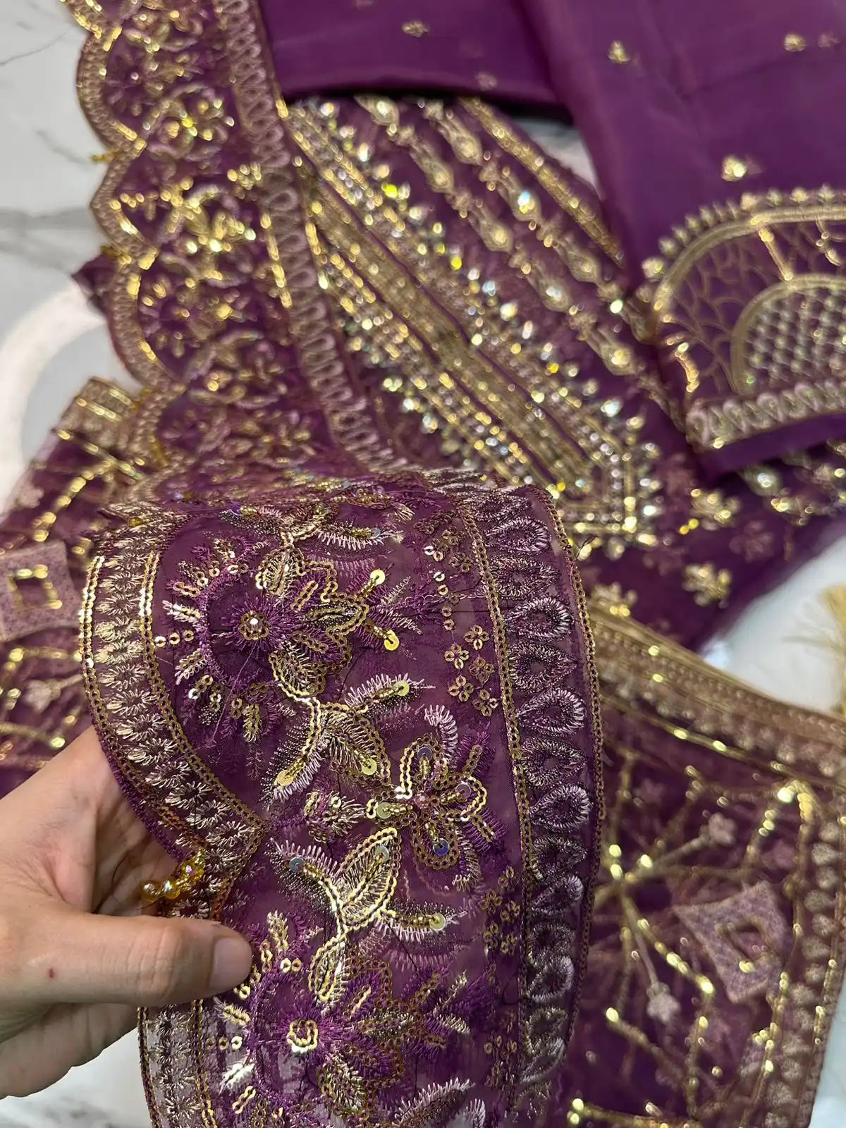 4PC PURPLE FANCY HEAVY EMBROIDERY WORK