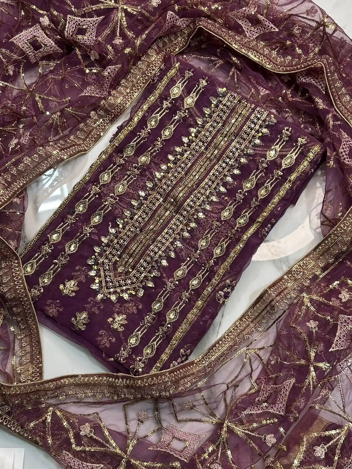 4PC PURPLE FANCY HEAVY EMBROIDERY WORK