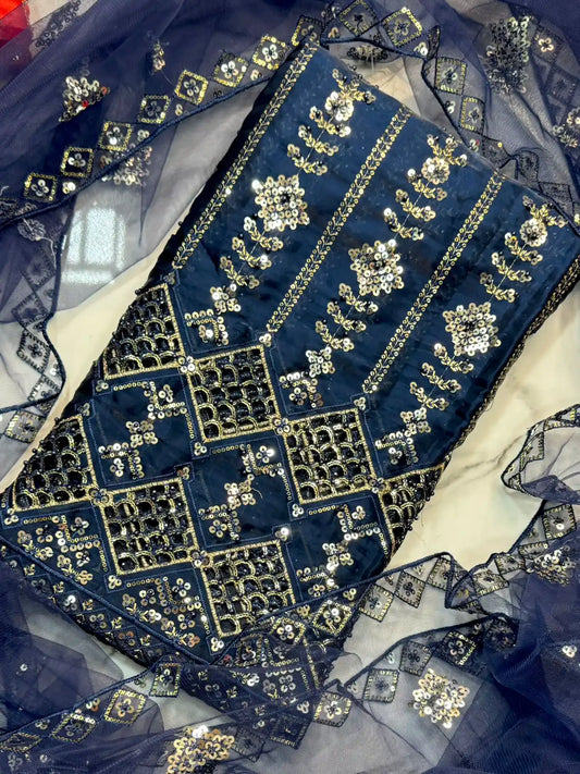 4PC SHEESHA SILK FANCY SUIT HEAVY EMBROIDERY WORK