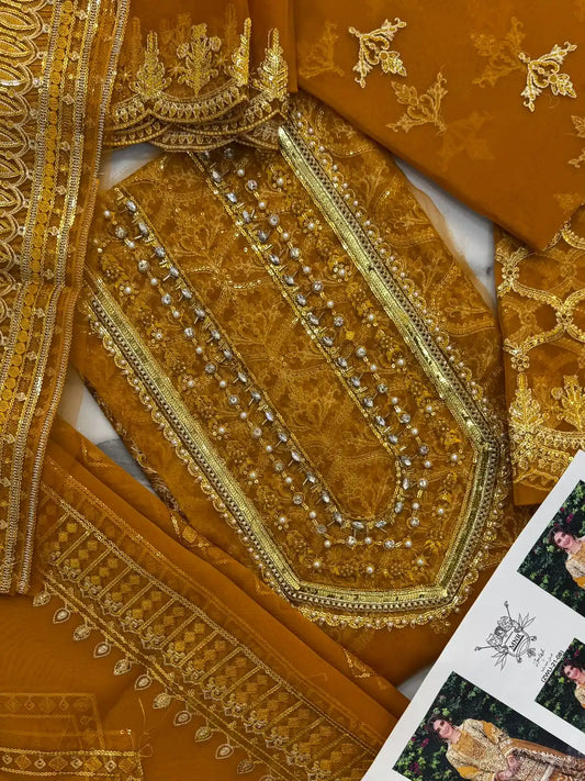 4PC MUSTARD FANCY HEAVY EMBROIDERY WORK