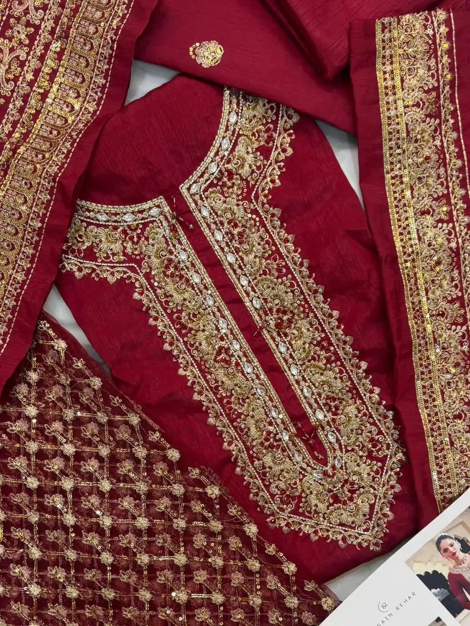 4PC RAW SILK FANCY SUIT FULLY EMBROIDERED WORK