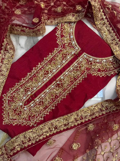 4PC RAW SILK FANCY SUIT FULLY EMBROIDERED WORK