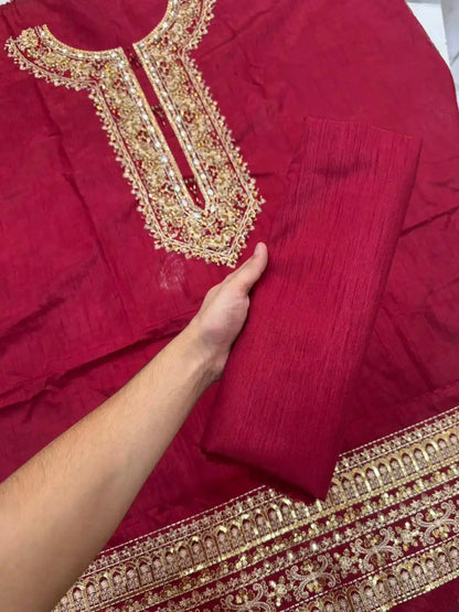 4PC RAW SILK FANCY SUIT FULLY EMBROIDERED WORK