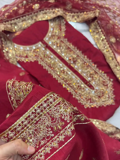 4PC RAW SILK FANCY SUIT FULLY EMBROIDERED WORK