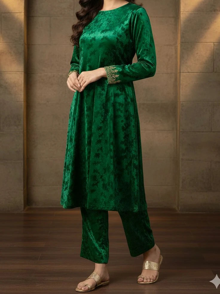 2PC GREEN PREMIUM VELVET SUIT