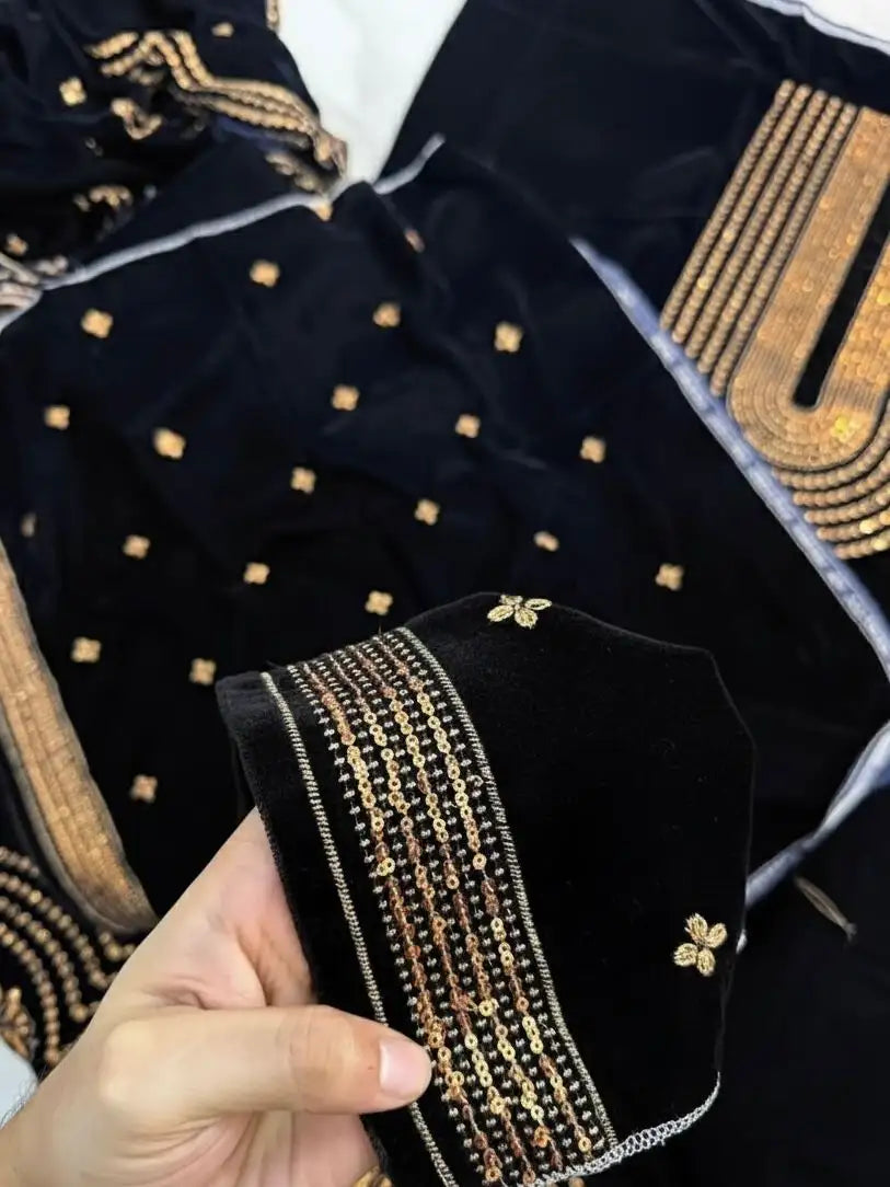 3PC BLACK PURE VELVET FANCY HEAVY EMBROIDERED