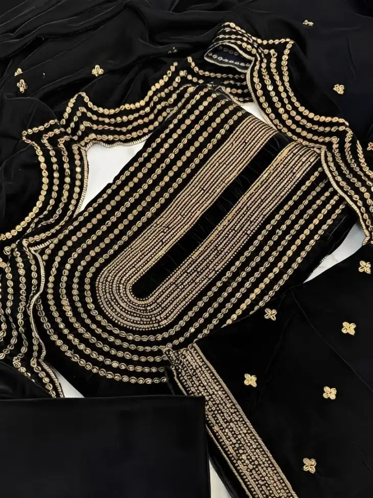 3PC BLACK PURE VELVET FANCY HEAVY EMBROIDERED