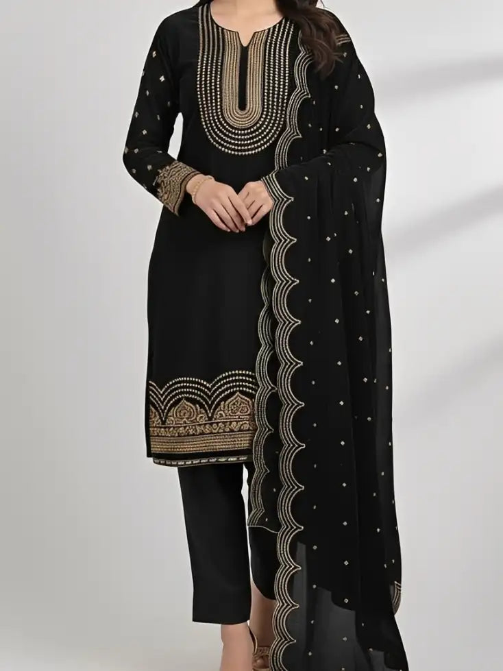 3PC BLACK PURE VELVET FANCY HEAVY EMBROIDERED