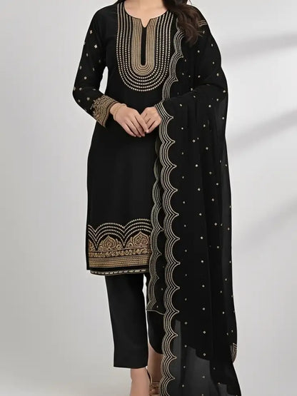 3PC BLACK PURE VELVET FANCY HEAVY EMBROIDERED