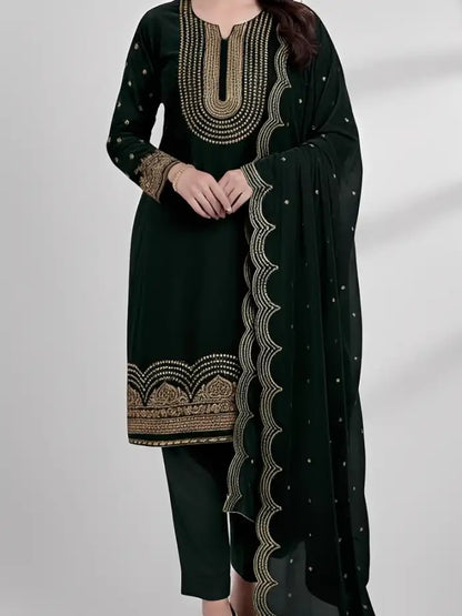 3PC DARK GREEN PURE VELVET FANCY HEAVY EMBROIDERED