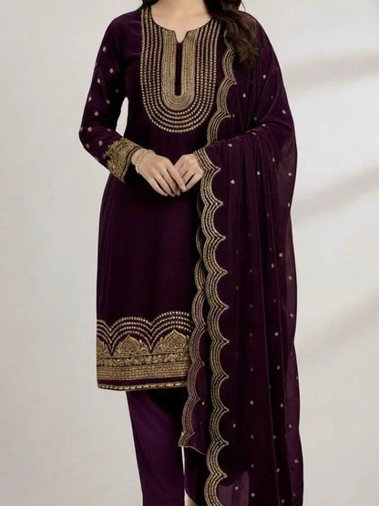3PC PLUM PURE VELVET FANCY HEAVY EMBROIDERED
