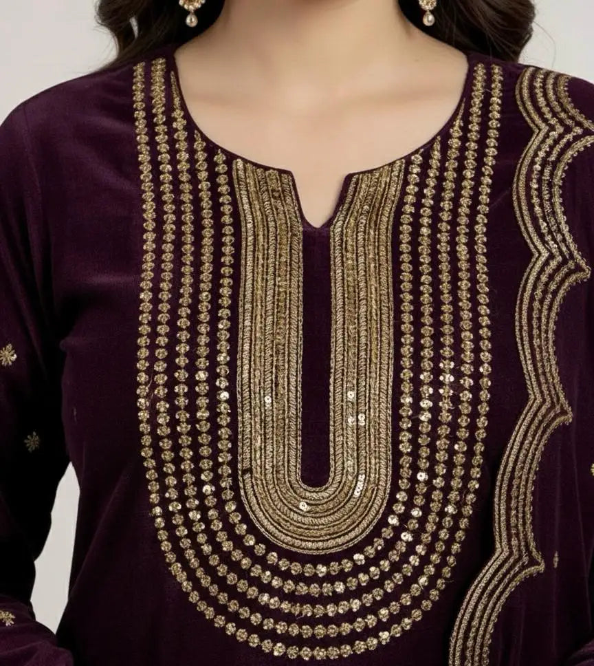 3PC PLUM PURE VELVET FANCY HEAVY EMBROIDERED